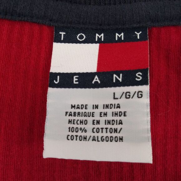 Tommy Jeans Shirt Mens Large Red Long Sleeve Emboidered Logo 100% Cotton - Picture 4 of 5